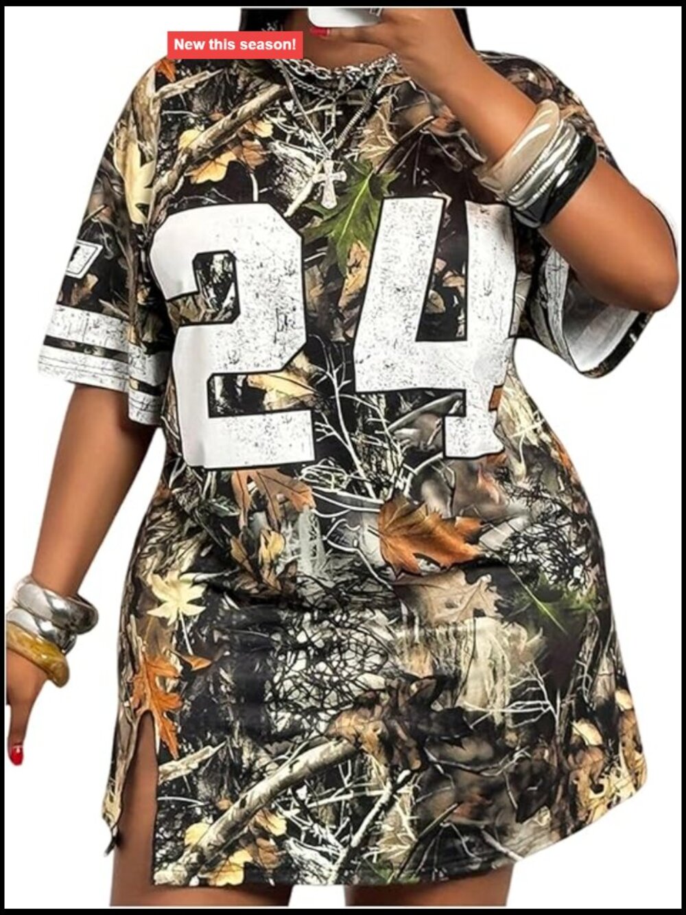 Plus Size Camo Number Graphic T-Shirt Dress Crew Neck Short Sleeve Split Hem